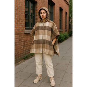 Hooded Plaid Poncho Cape Shawl Blanket Coat Jacket Womens Neutral‎